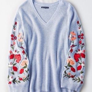 Blue Sweater with Embroidered Flower Bell Sleeves